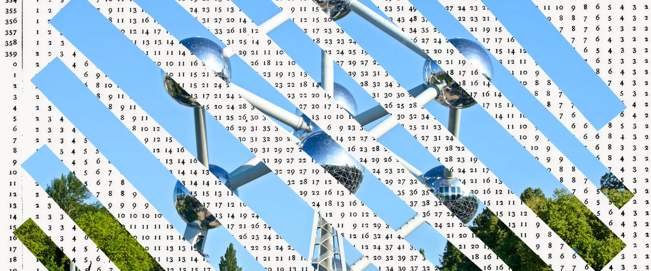 Paper collage. A photograph of the Atomium in Brussels, cut into diagonal strips and reassembled over a grid of numbers.