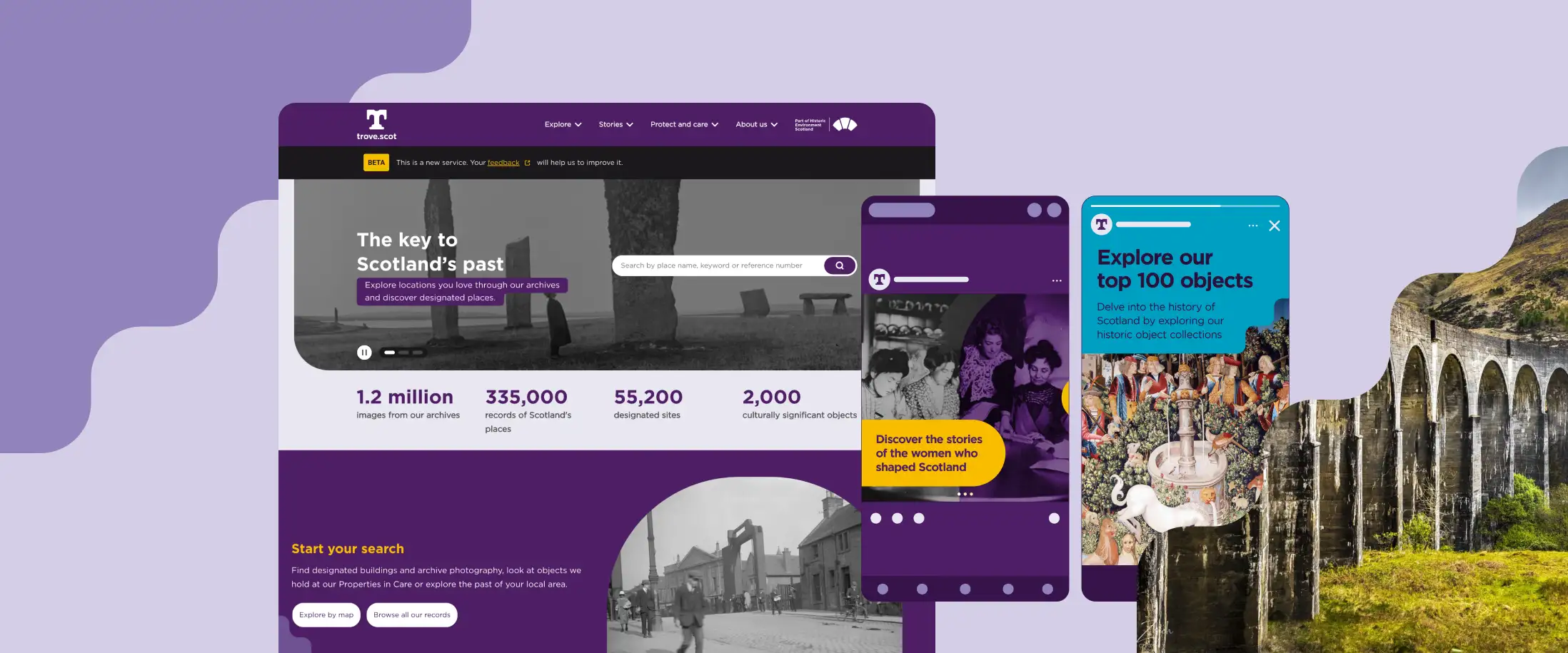 A still of the trove.scot website hero, alongside mockups of social ads on mobile, against a backdrop of colours, shapes and images from the new visual identity.