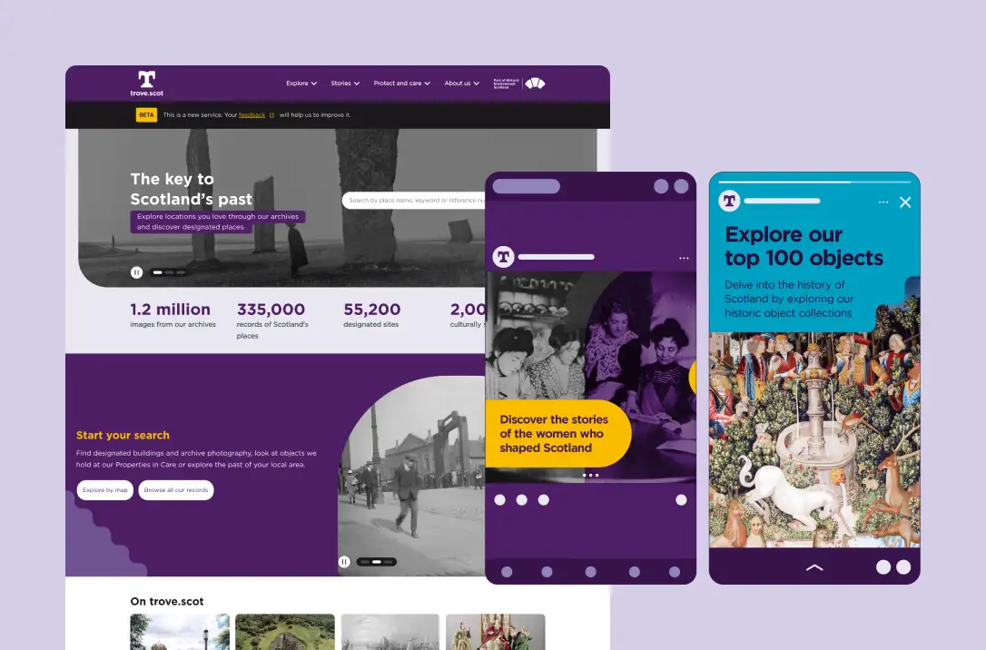 A still of the trove.scot website hero, alongside mockups of social ads on mobile.