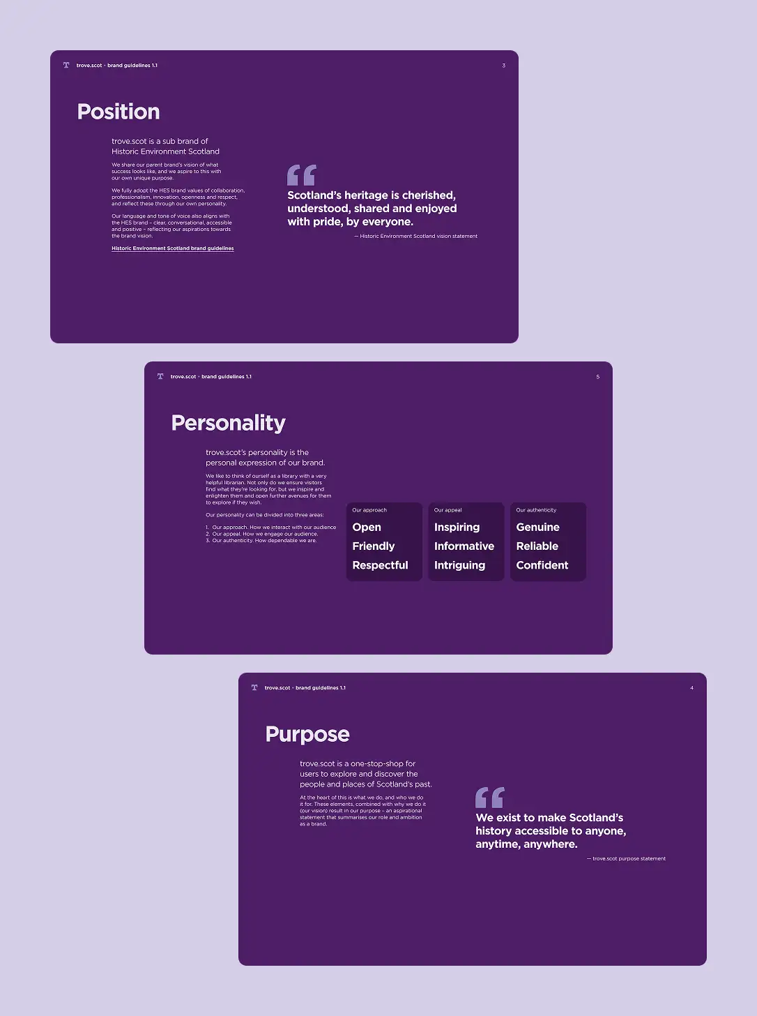 Slides from the trove.scot brand guidelines showing position, personality and purpose