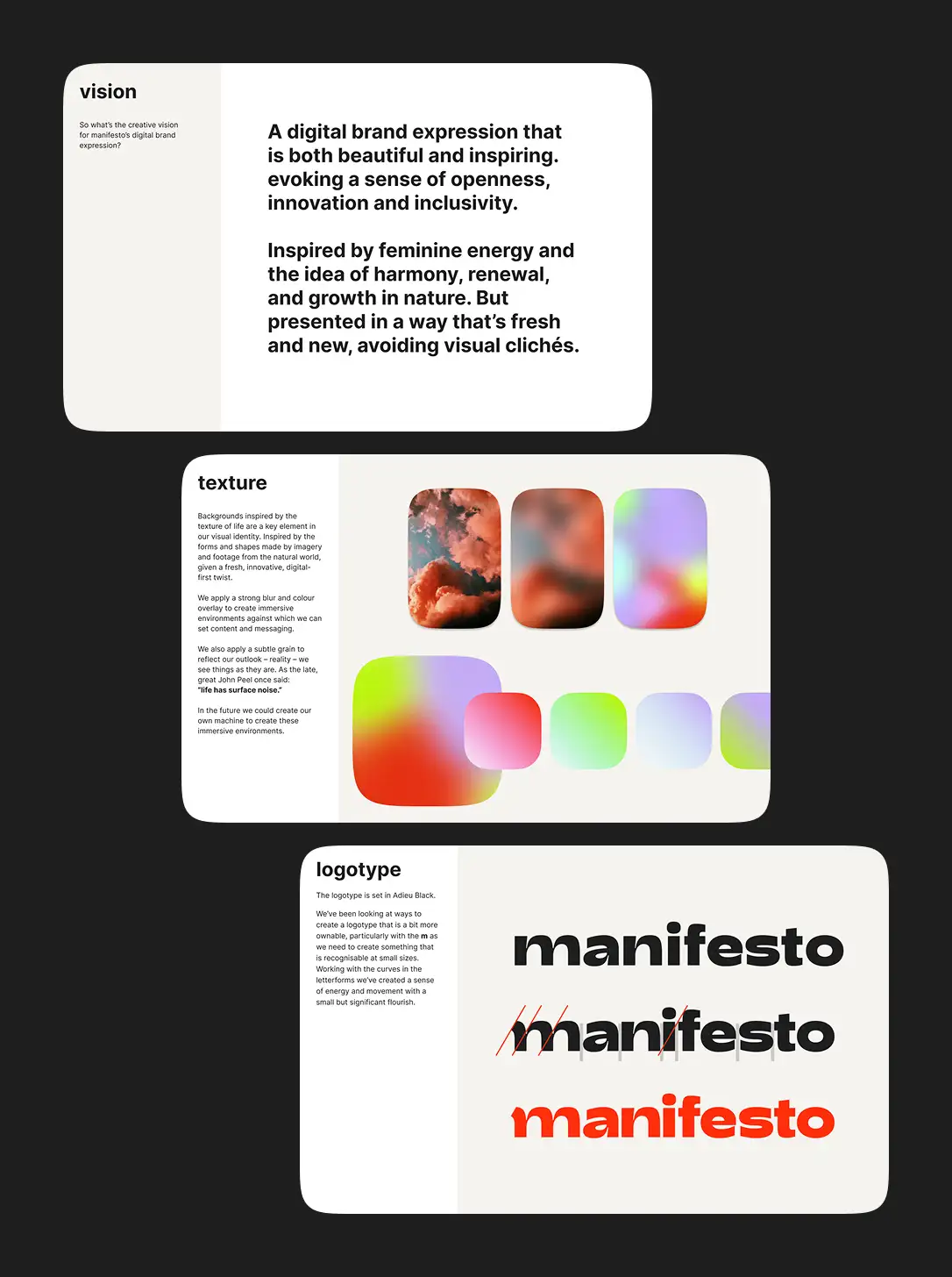 Three slides from the creative direction deck against a lilac background showing vision, texture and logotype