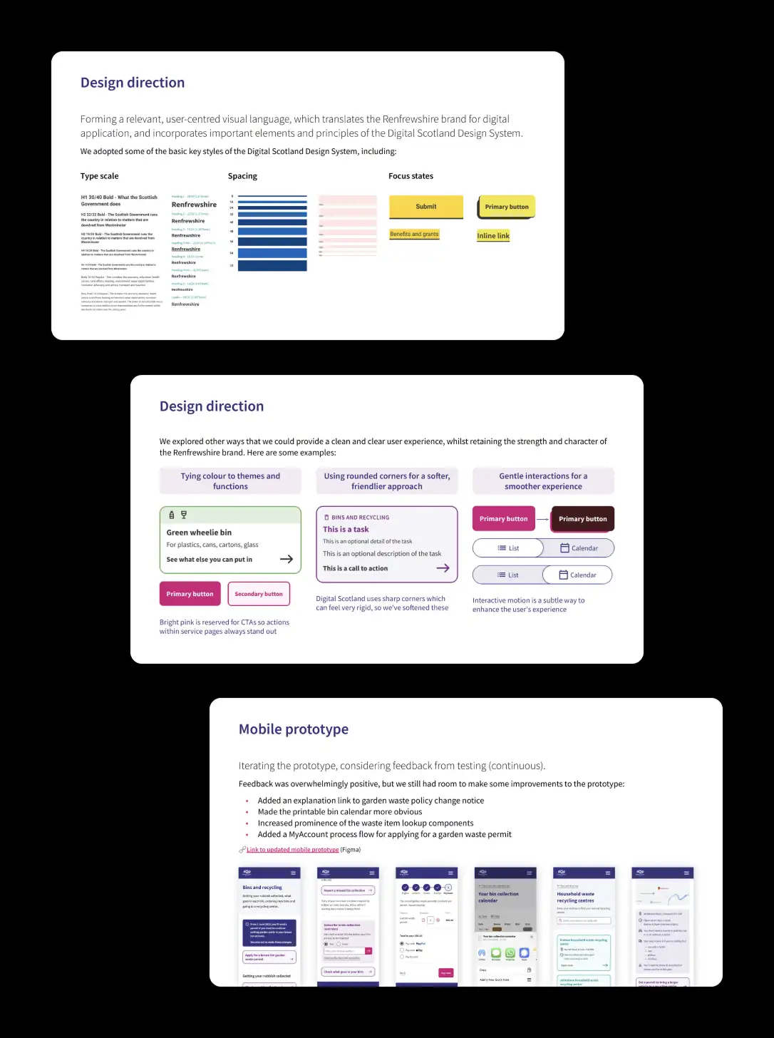 3 slides from the Alpha phase playback deck around design direction and the prototype
