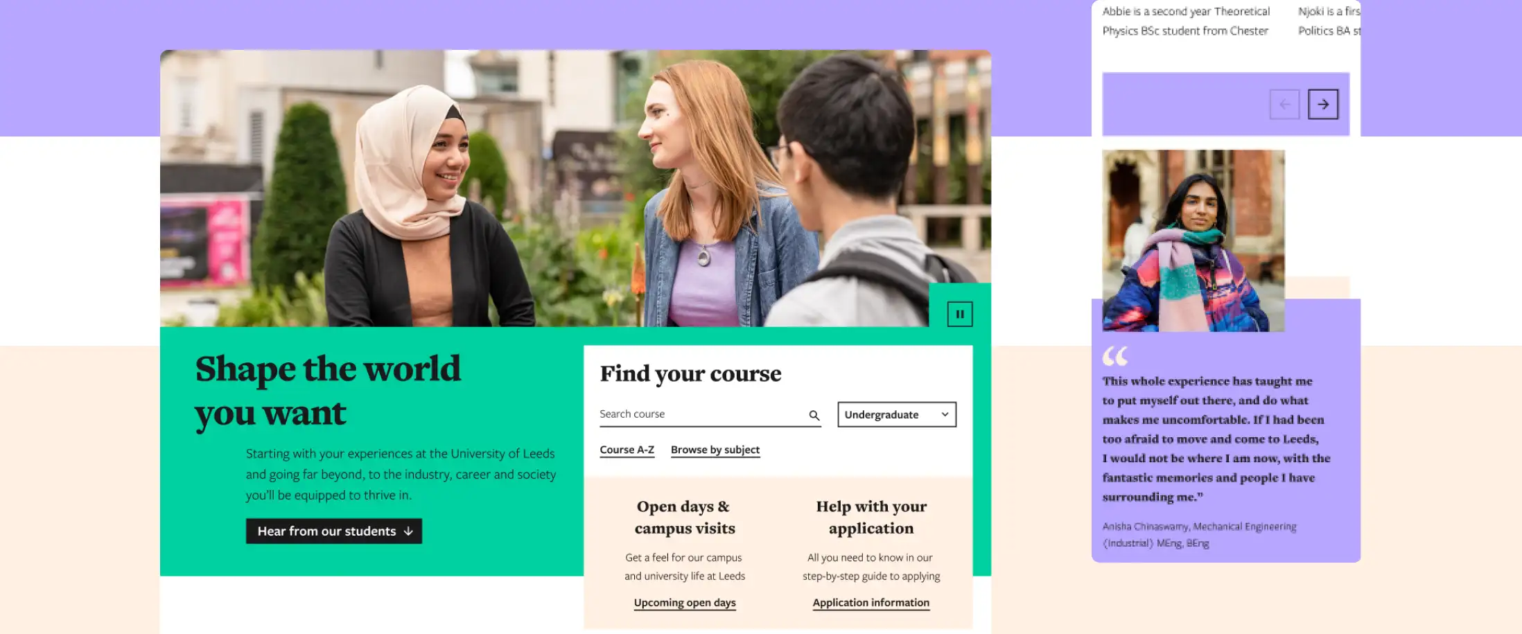 Stills of the new University of Leeds homepage hero on a desktop display and a student testimonial on a mobile display.