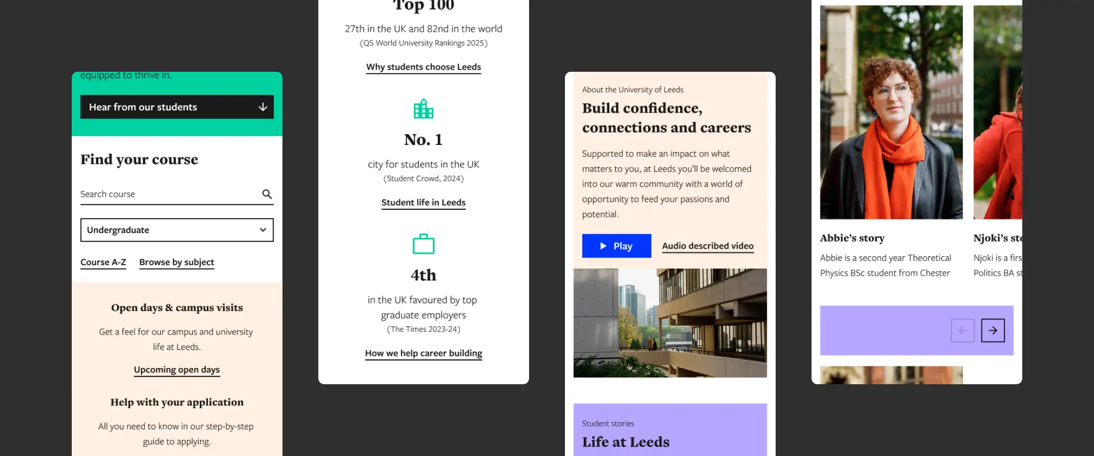 4 still images of the mobile designs for the new homepage.