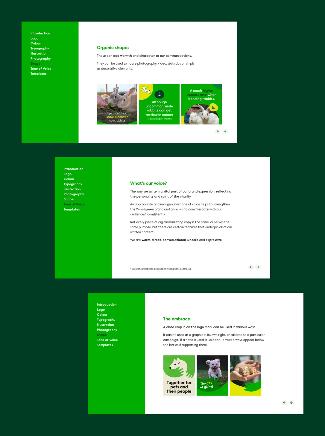 3 pages of the social media style guide showing shapes, tone of voice and the embrace device.